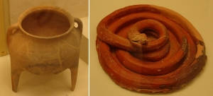 Tripod cooking pot and snake figure, 1,250-1,180 BC - source Mycenaean Museum